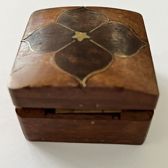 Wooden Inlay Flower Box Leaves Ring Holder Square Small Boho Trinket India Art - Picture 4 of 11